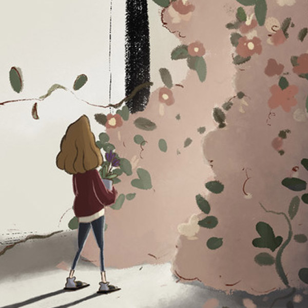 A character stands in front of a wall, flowers are breaking through the wall