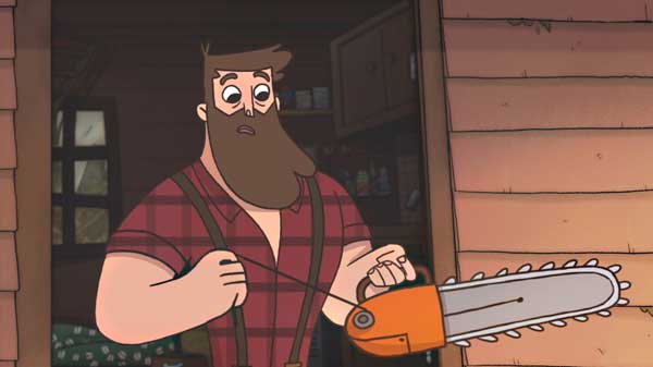 A lumberjack type character pulls the chord on a chainsaw in front of a log cabin
