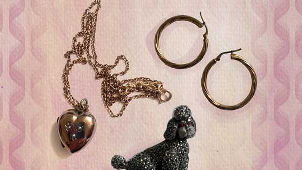 A locket, some earring and a poodle broach on a pink background 