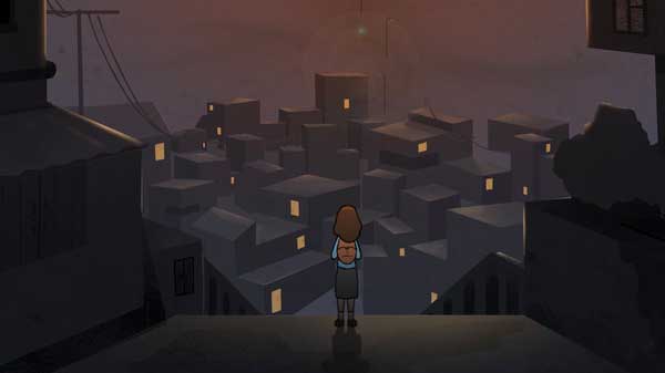 A girl stands atop a hill overlooking a closely packed series of buildings at night