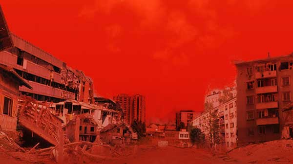 A ruined city image under red filter