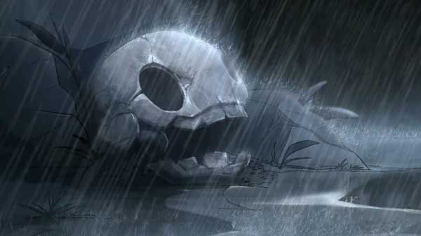 A large skull on the floor during a rainstorm.