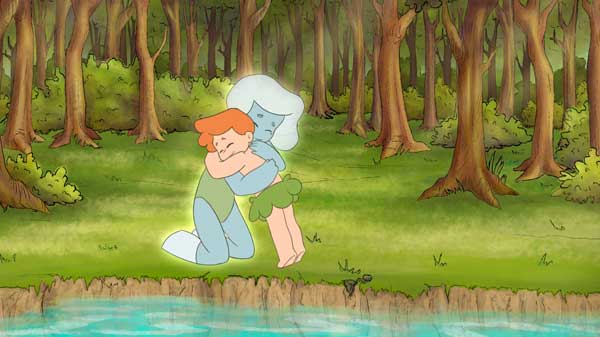 A child hugging a blue ethereal entity near some woodland