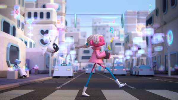 A young girl walks across a street crossing in a futuristic city