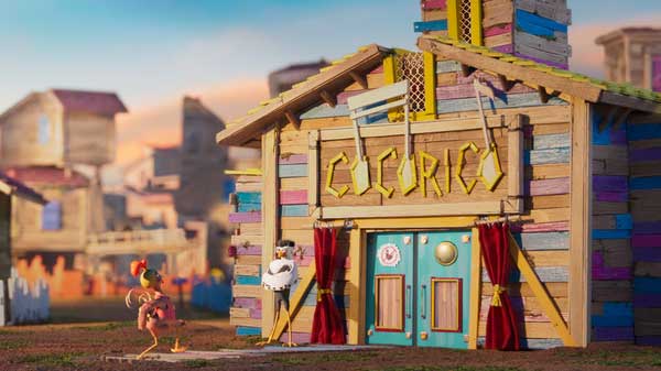 Two chicken characters stand in front of a colourful wooden building in the sunlight