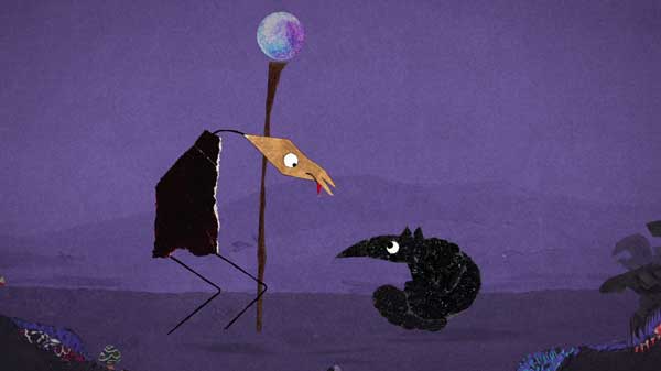 Two animal-like characters stare at each other on the backdrop or a purple landscape