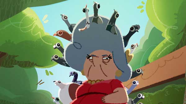 An old woman stands with multiple pigeons in her hair