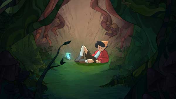 A character lays in a forest next to a mushroom-type spirit