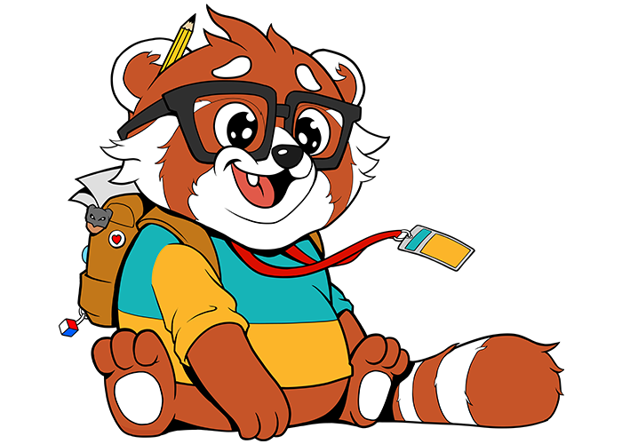 A red panda wearing a blue and orange t-shirt, backpack and glasses. He's sat down