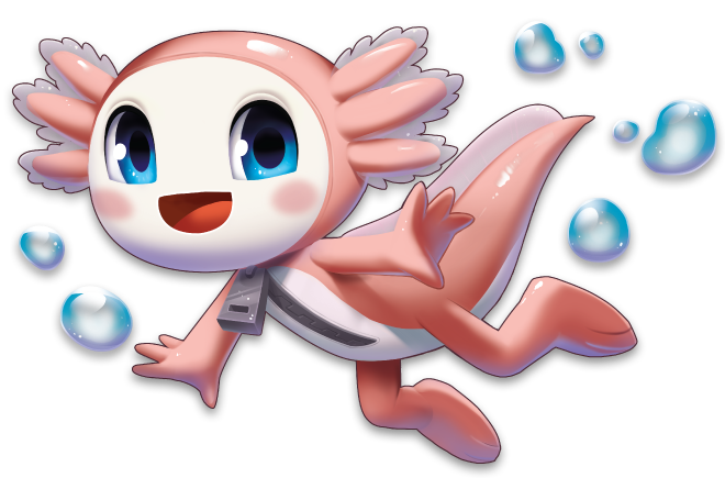 An axolotl type character smiling and floating on bubbles